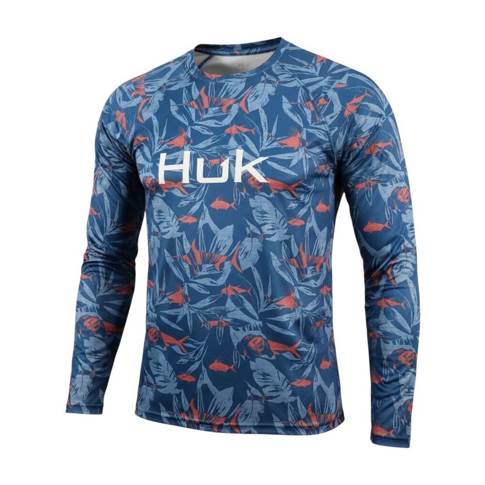 HUK Men's Fishing Performance Long Sleeve Shirt Blue Red Patterned Size S